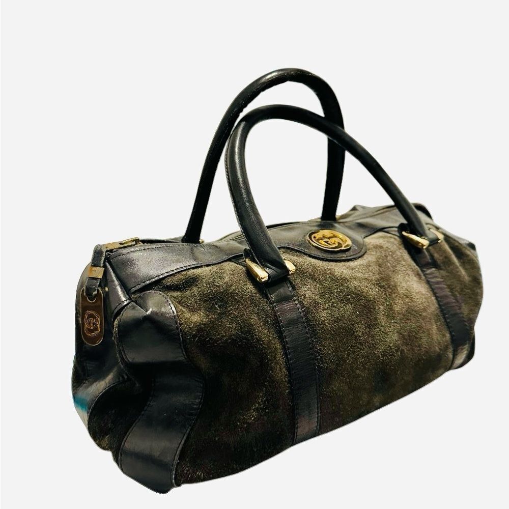 Gucci Black and olive green Leather and suede Boston Handbag - Picture 2 of 13